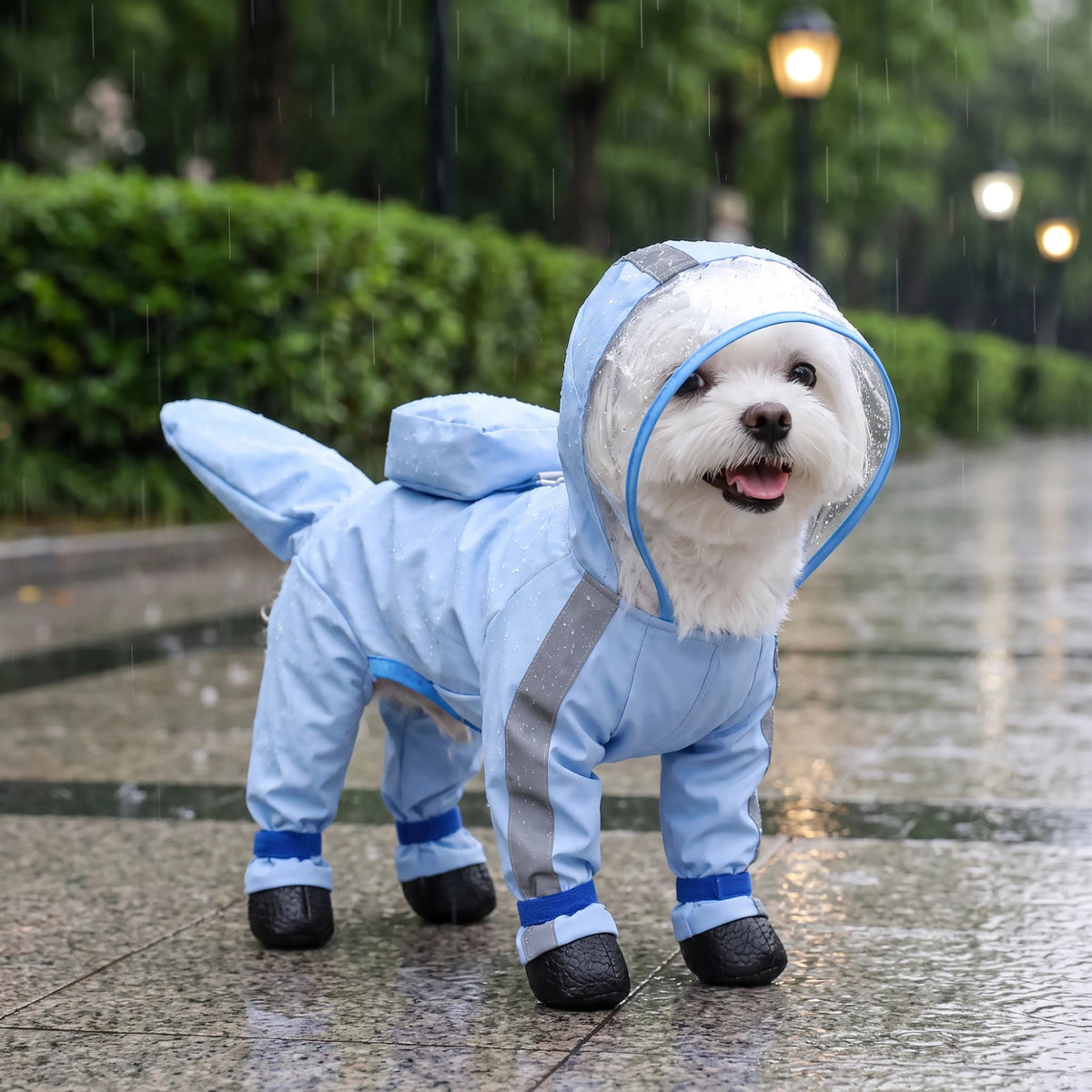 Perro con el impermeable Pettuna paseando bajo la lluvia