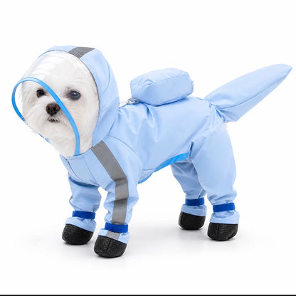 Impermeable para perro azul con capucha transparente y botas