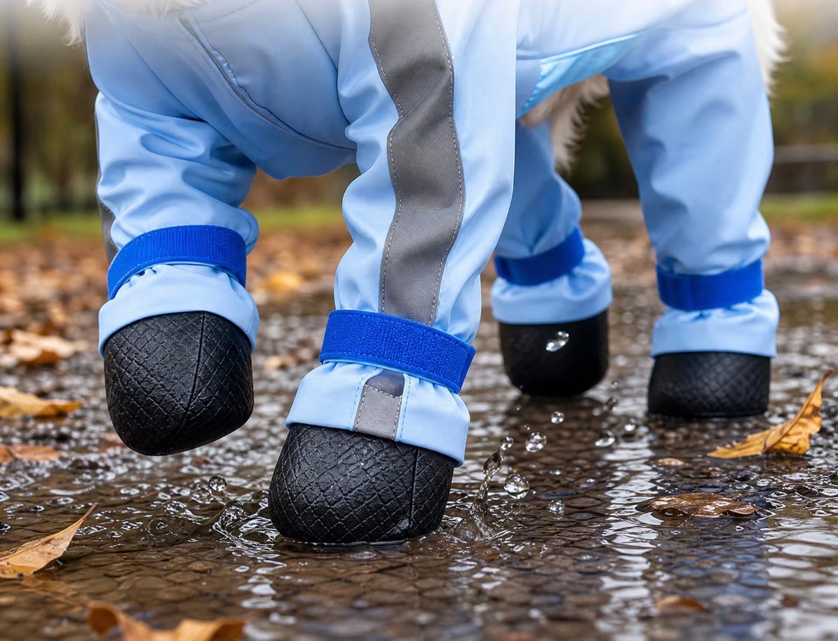 Botas de goma con velcro pisando un charco