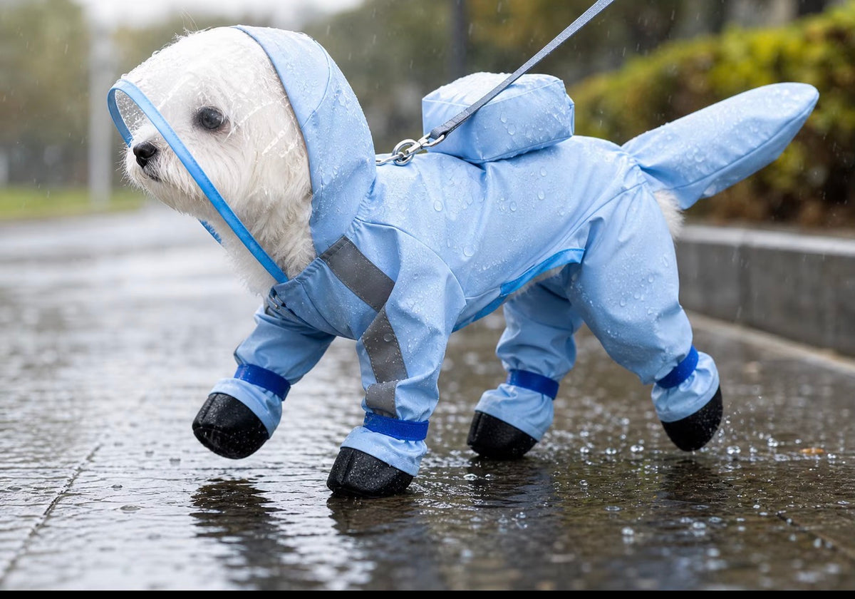 Perro paseando bajo la lluvia con el impermeable