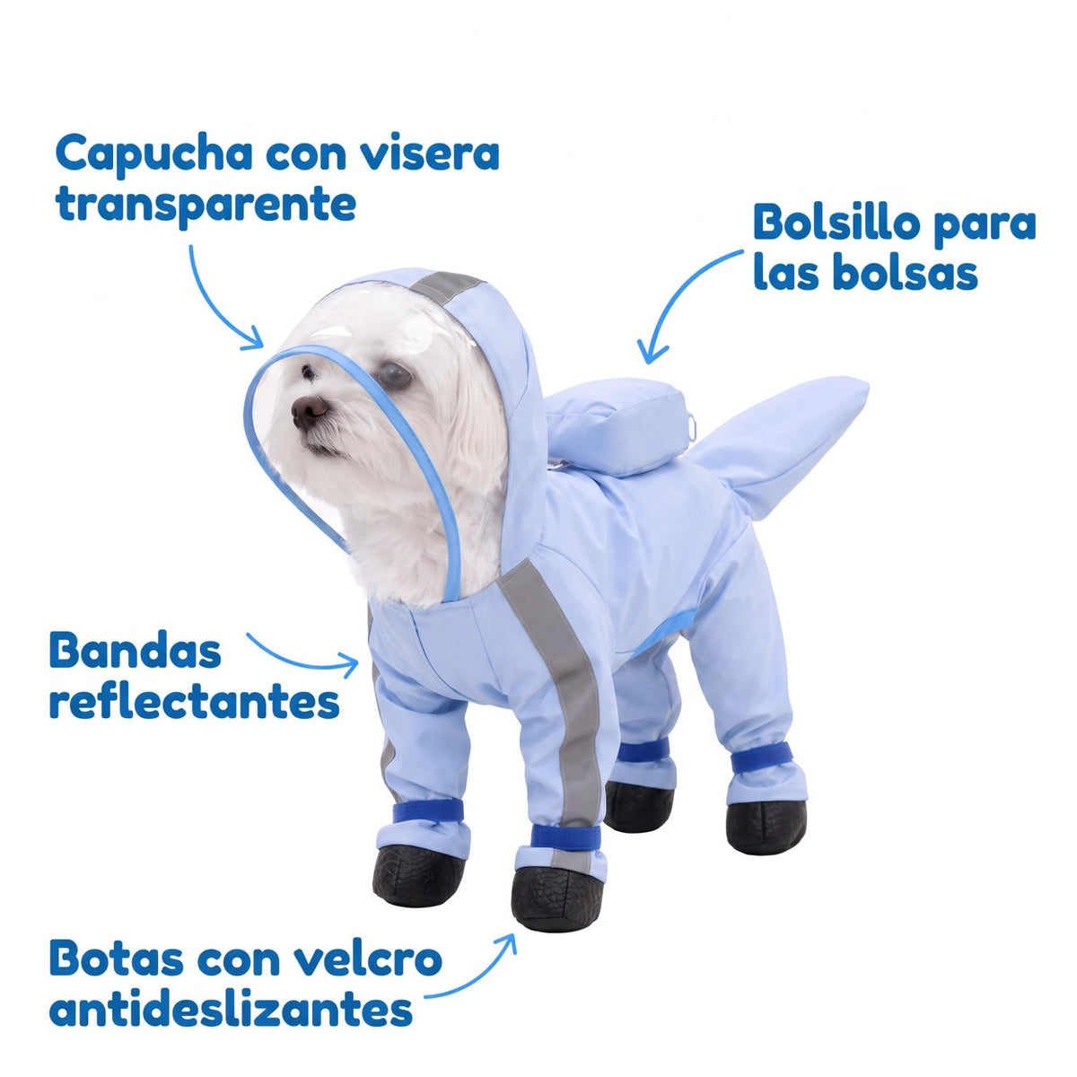 Características: capucha con visera, bolsillo, bandas reflectantes y botas con velcro