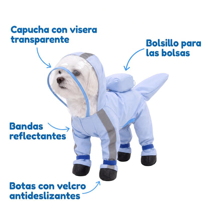 Características: capucha con visera, bolsillo, bandas reflectantes y botas con velcro