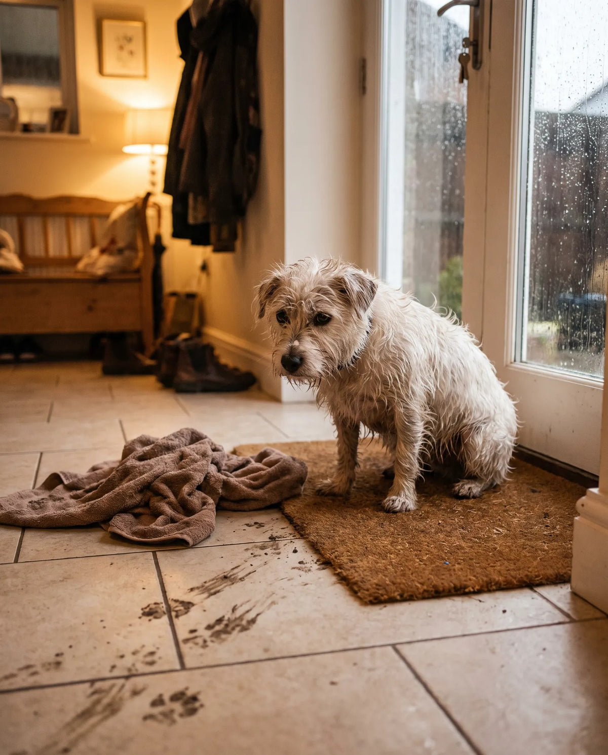 Perro empapado en la entrada de casa